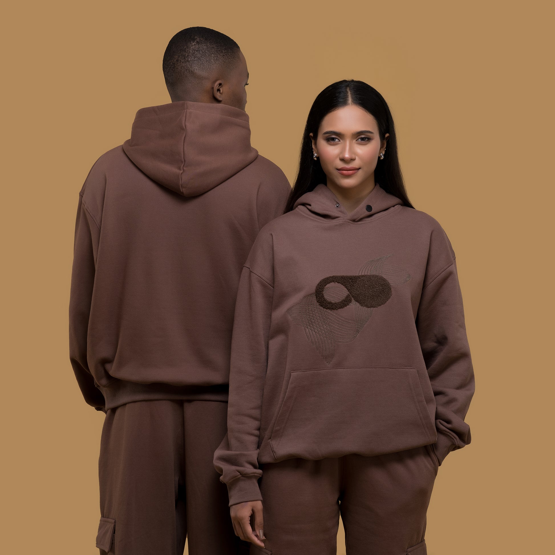 Chocolate Brown Drop Shoulder Embroidered Hoodie