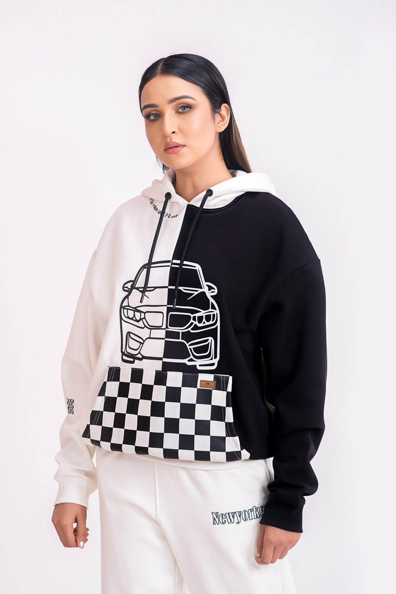 Finish Line Black and White Oversized Racing Hoodie