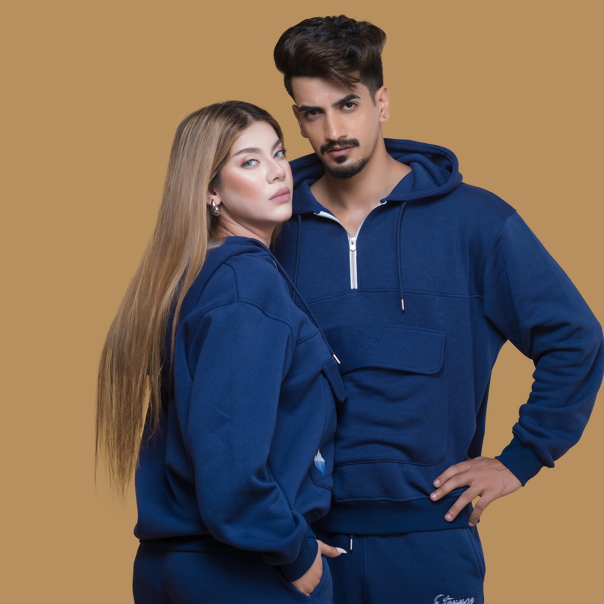 couple matching blue color hoodie 