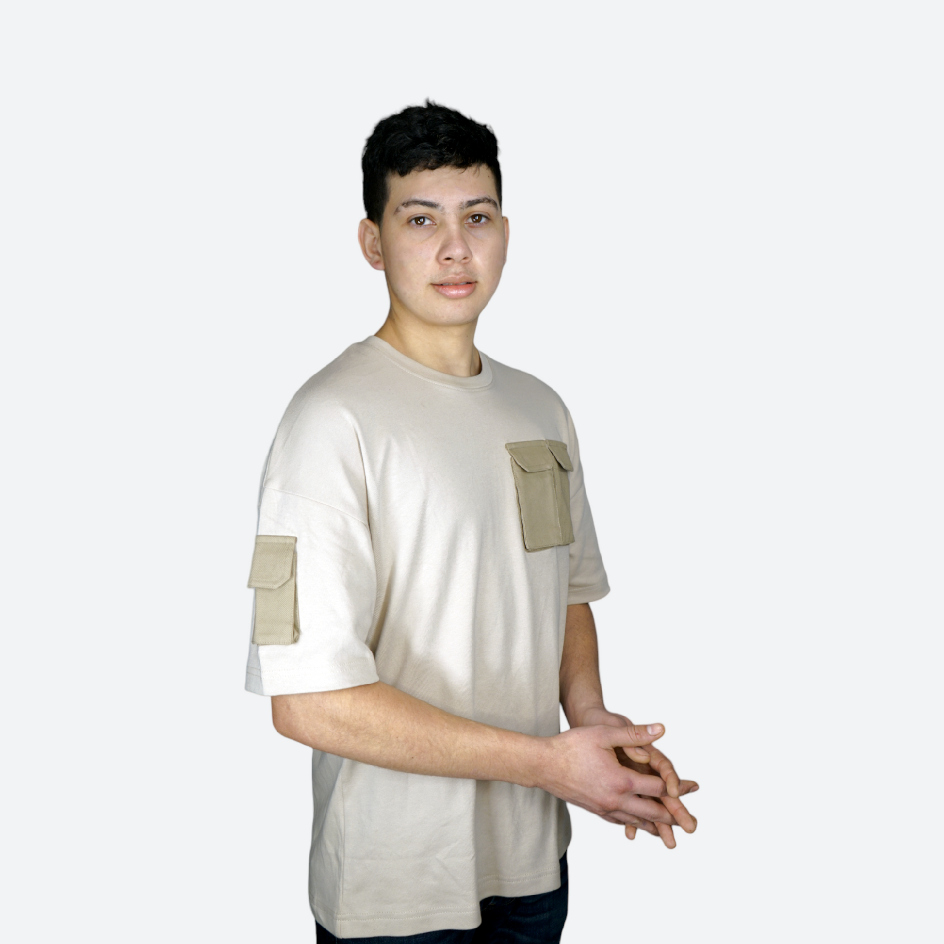 Drop Shoulder Pocket Beige Tee